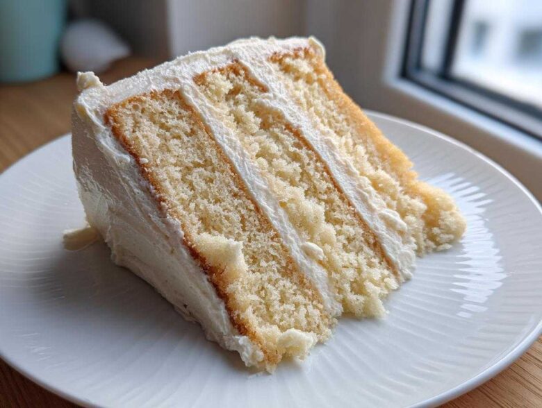 Close-up of a moist, three-layer slice of vanilla cake recipe with thick white frosting.