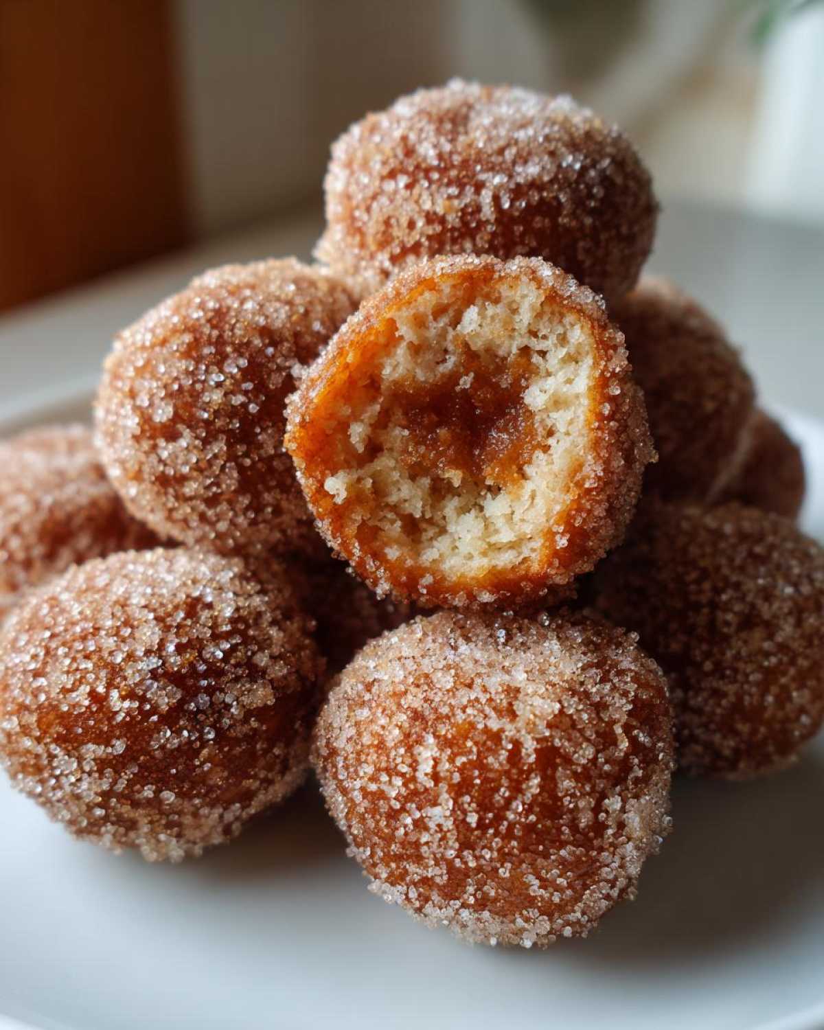 A pile of Soft & Sweet Cinnamon Sugar Biscuit Bites coated in sparkling cinnamon sugar, one is broken open.
