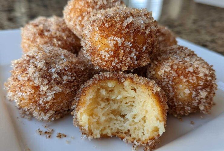 A pile of Soft & Sweet Cinnamon Sugar Biscuit Bites coated heavily in sparkling cinnamon sugar, one is broken open.