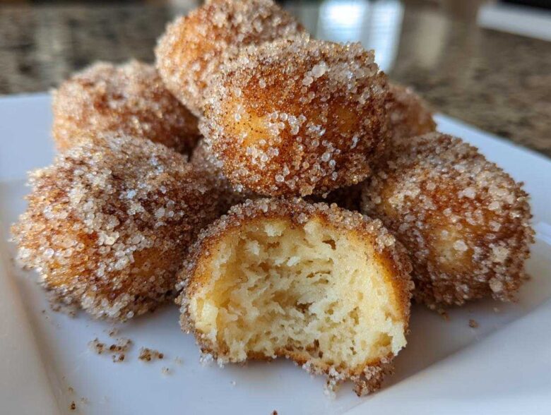 A pile of Soft & Sweet Cinnamon Sugar Biscuit Bites coated heavily in sparkling cinnamon sugar, one is broken open.