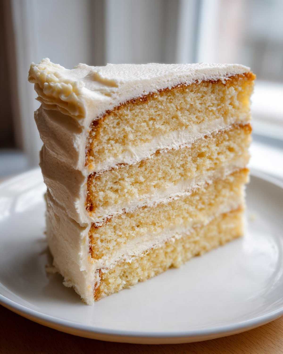 Close-up of a tall, moist slice of vanilla cake recipe with three layers and thick white buttercream frosting.