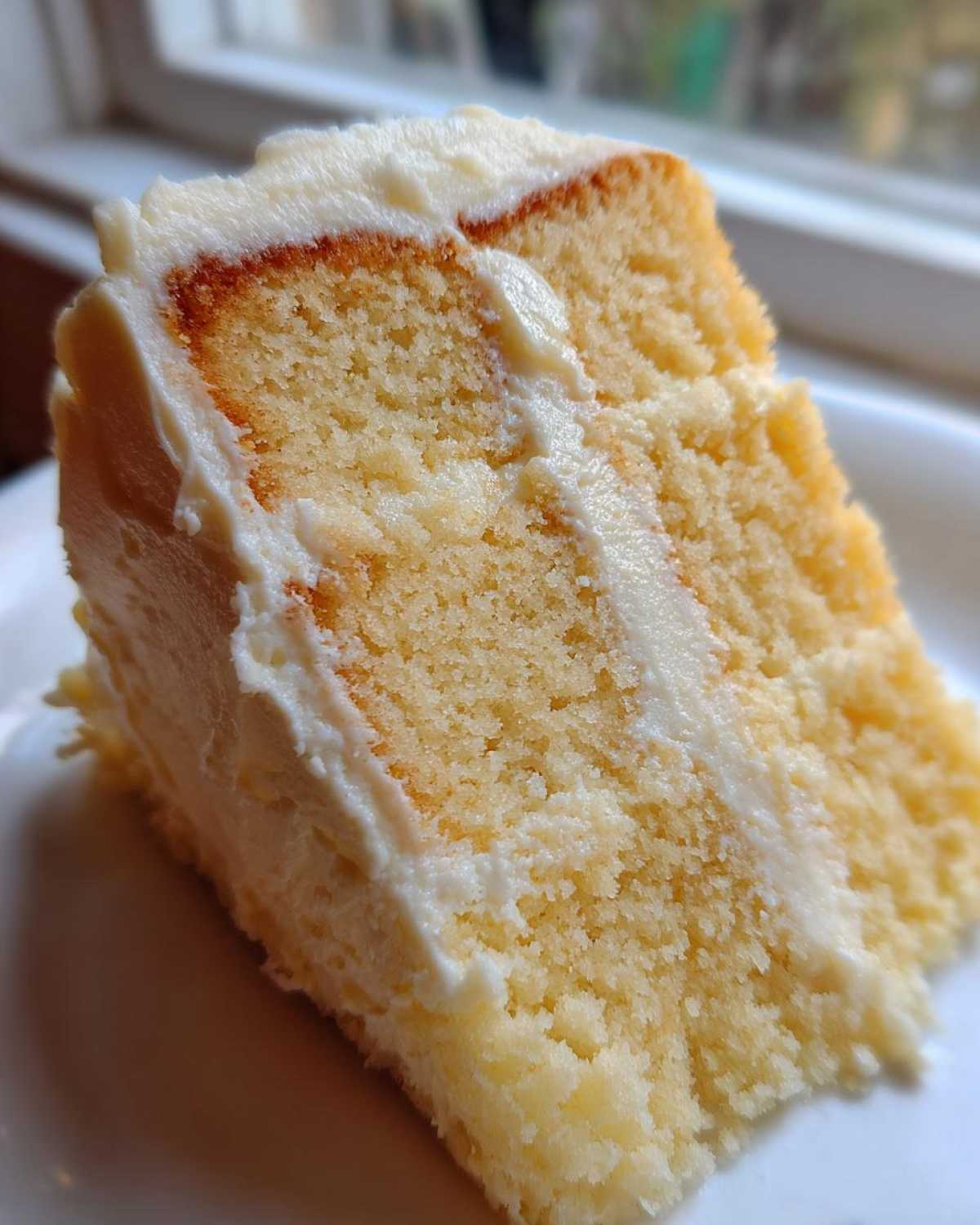 Close-up of a moist slice of vanilla cake recipe showing soft crumb and thick white frosting layers.