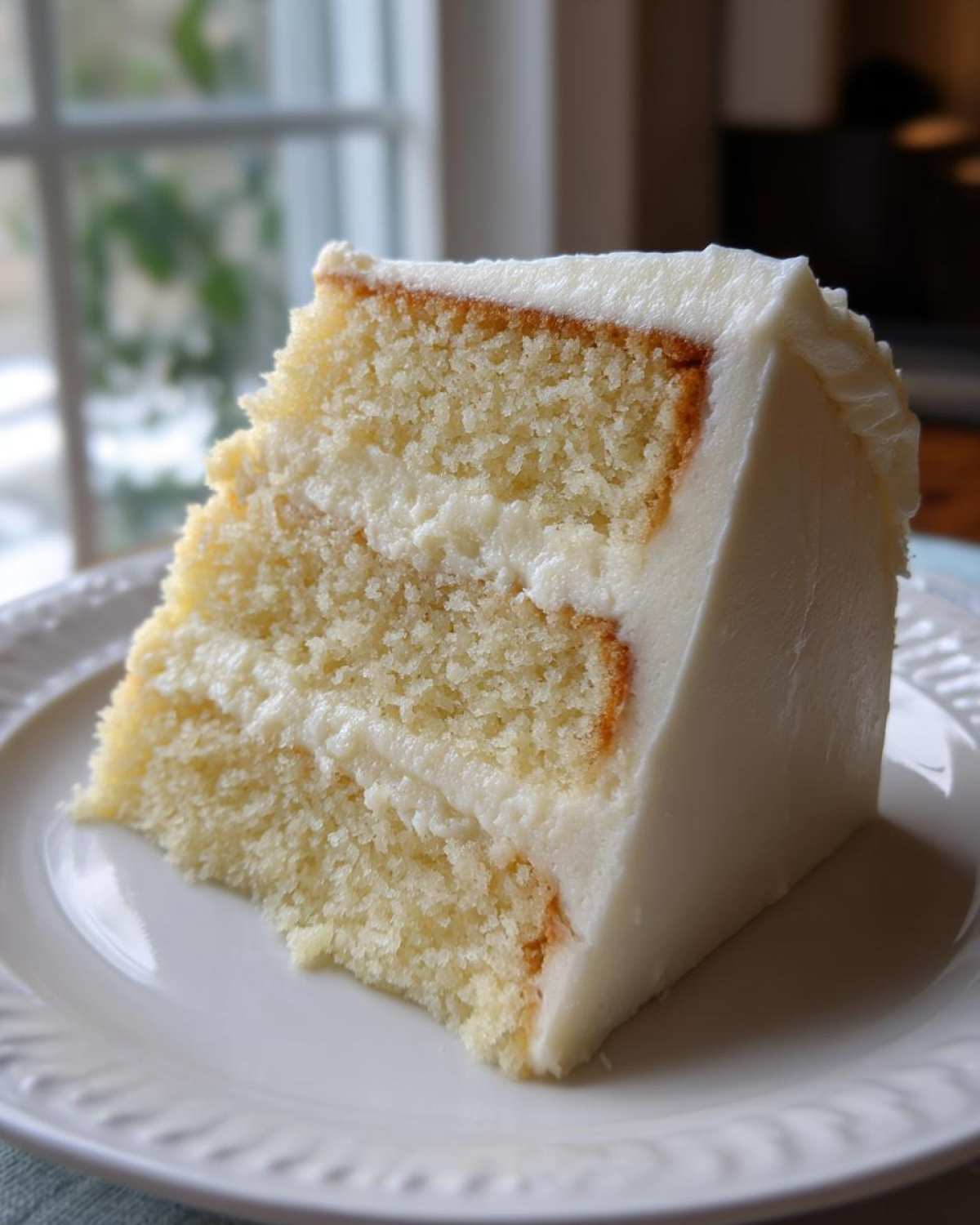 A generous slice of moist vanilla cake recipe showing two layers separated by white frosting, served on a white plate.