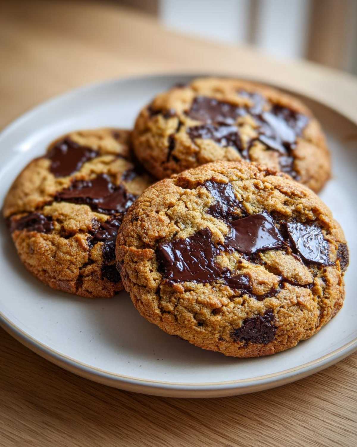 Close-up of three freshly baked sourdough chocolate chip cookies with melted chocolate chunks on a light plate.
