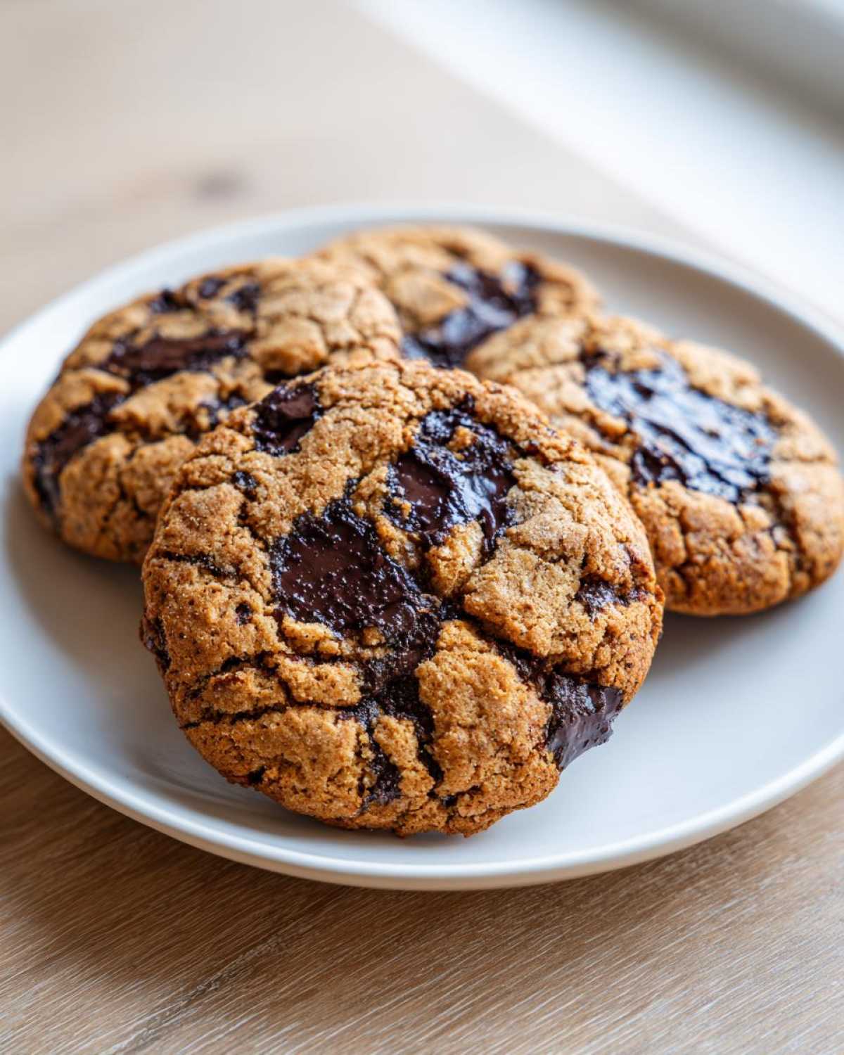 Three thick, chewy sourdough chocolate chip cookies with melted dark chocolate pools on a white plate.