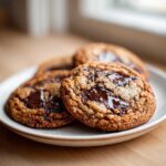Close-up of three gooey sourdough chocolate chip cookies with melted chocolate pools on a light plate.