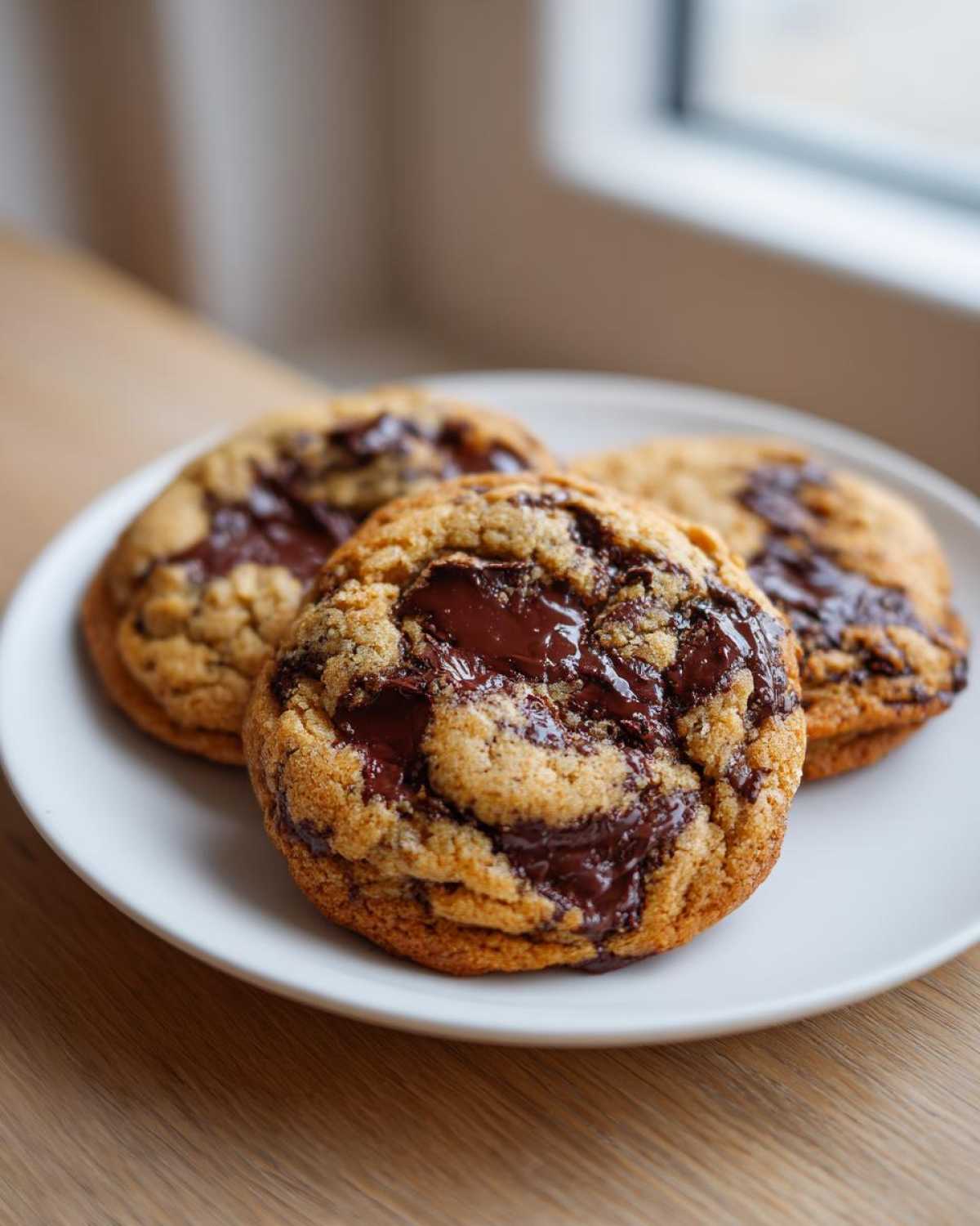 Three freshly baked sourdough chocolate chip cookies with melted chocolate pools, resting on a white plate.