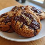 Four freshly baked sourdough chocolate chip cookies with gooey, melted chocolate chunks served on a white plate.