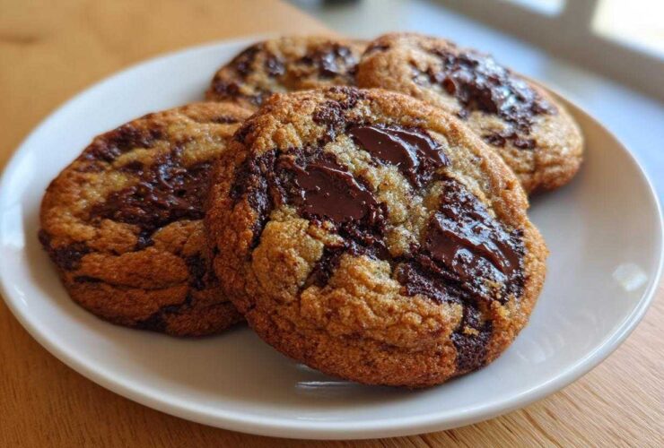 Four freshly baked sourdough chocolate chip cookies with gooey, melted chocolate chunks served on a white plate.