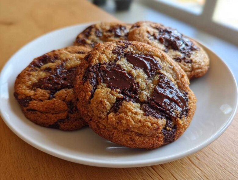 Four freshly baked sourdough chocolate chip cookies with gooey, melted chocolate chunks served on a white plate.