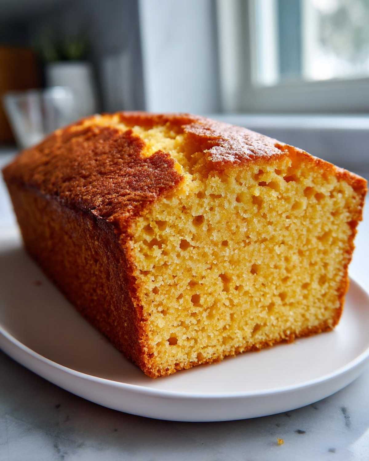 Close-up of a freshly baked, golden-brown sourdough cornbread loaf sliced open, showing its moist crumb texture.