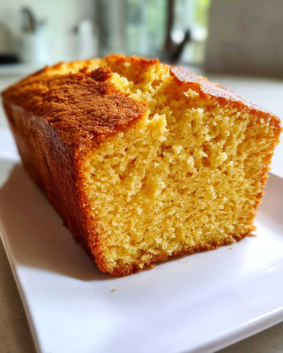 Close-up of a freshly baked, golden-brown sourdough cornbread loaf showing its moist, crumbly interior texture.