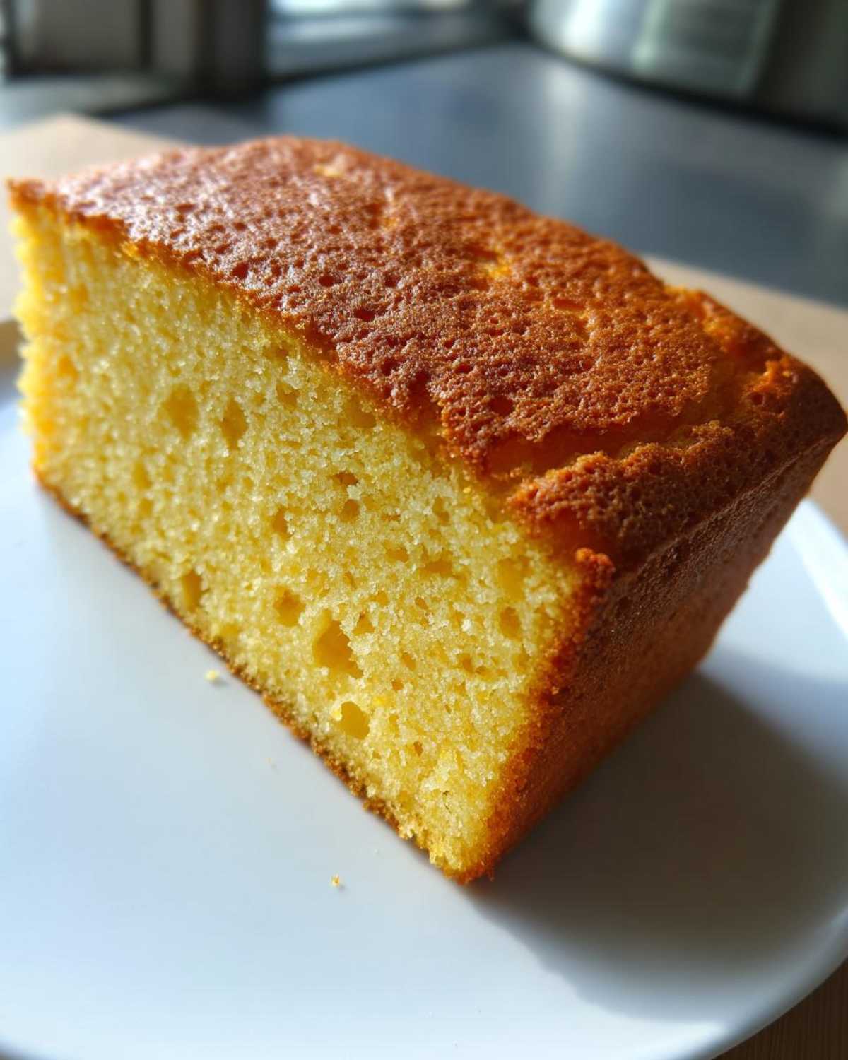 Close-up of a thick slice of golden yellow sourdough cornbread with a nicely browned crust, resting on a white plate.