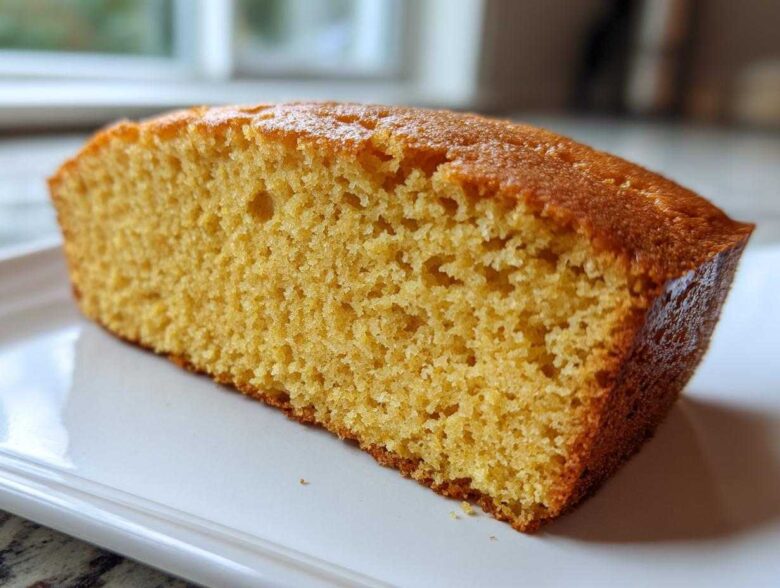 Close-up view of a thick slice of golden sourdough cornbread showing its moist, crumbly texture.