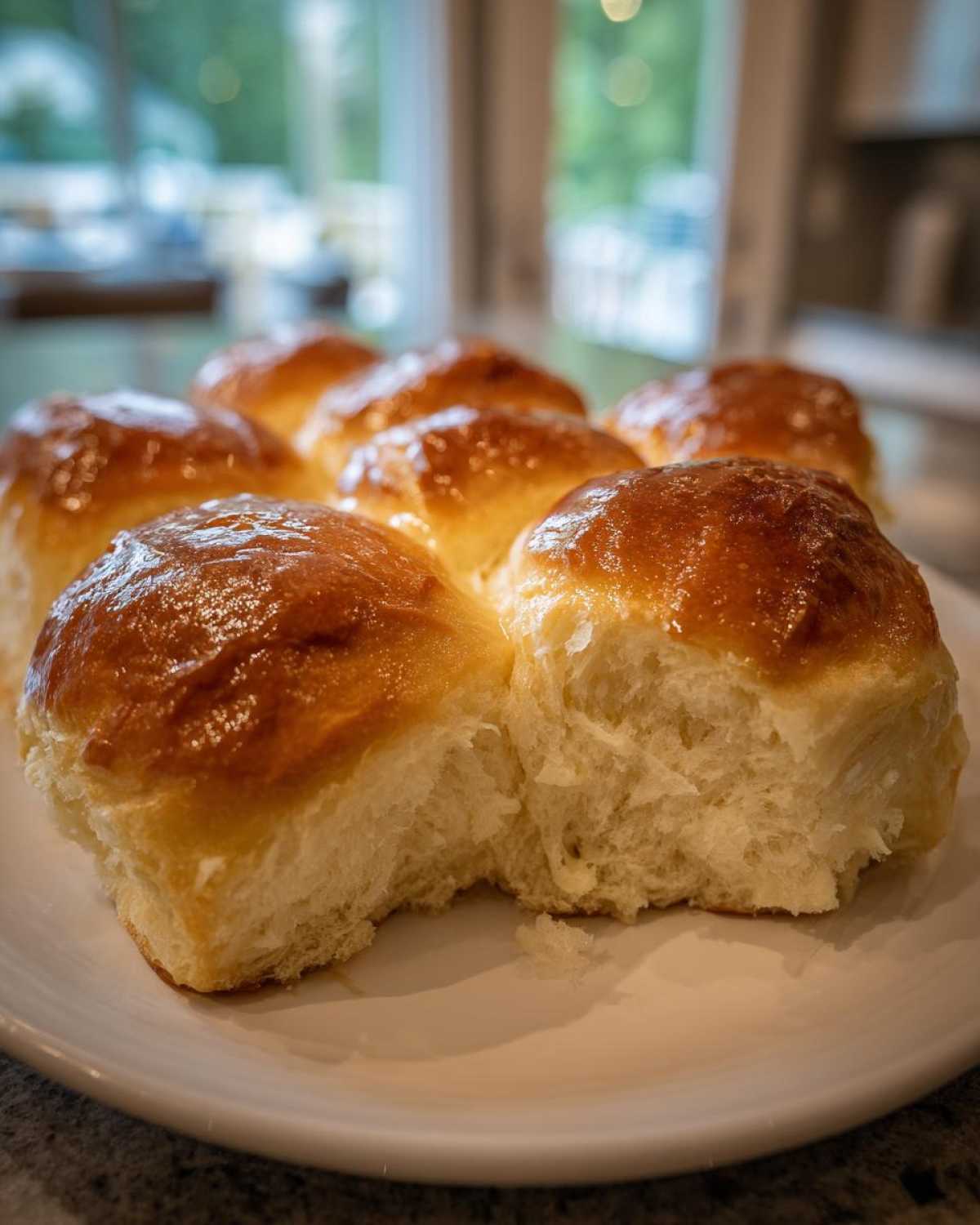Close-up of several golden-brown sourdough discard rolls on a white plate, showing the soft, fluffy interior.