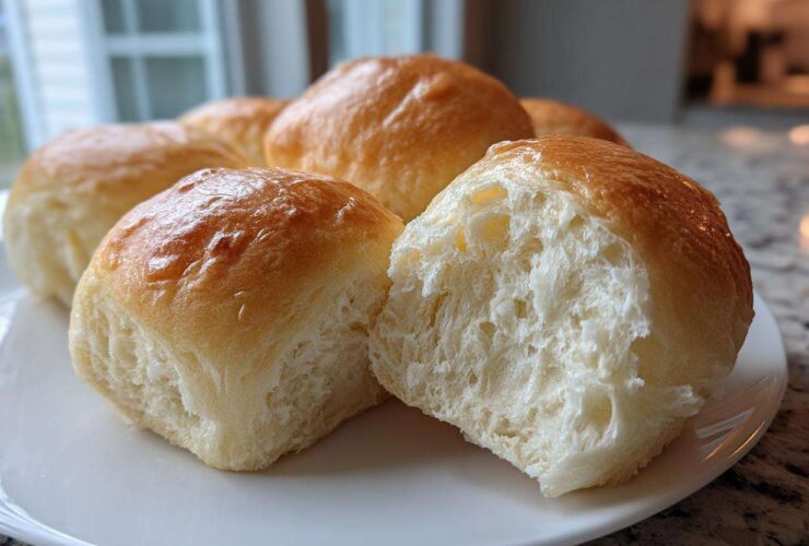 Close-up of soft, golden-topped sourdough discard rolls on a white plate, one roll broken open showing the fluffy interior.