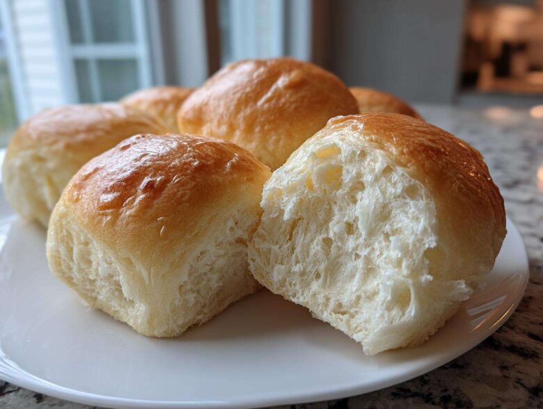 Close-up of soft, golden-topped sourdough discard rolls on a white plate, one roll broken open showing the fluffy interior.