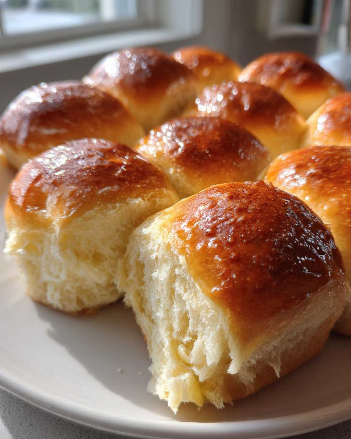 A plate of freshly baked, golden-brown sourdough discard rolls, one pulled apart to show the soft interior.
