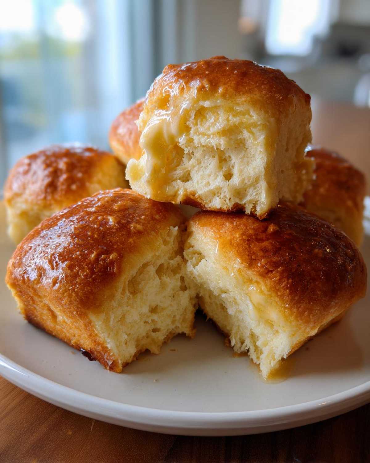 Close-up of warm sourdough discard rolls stacked on a plate, one split open showing a soft interior and melted butter.