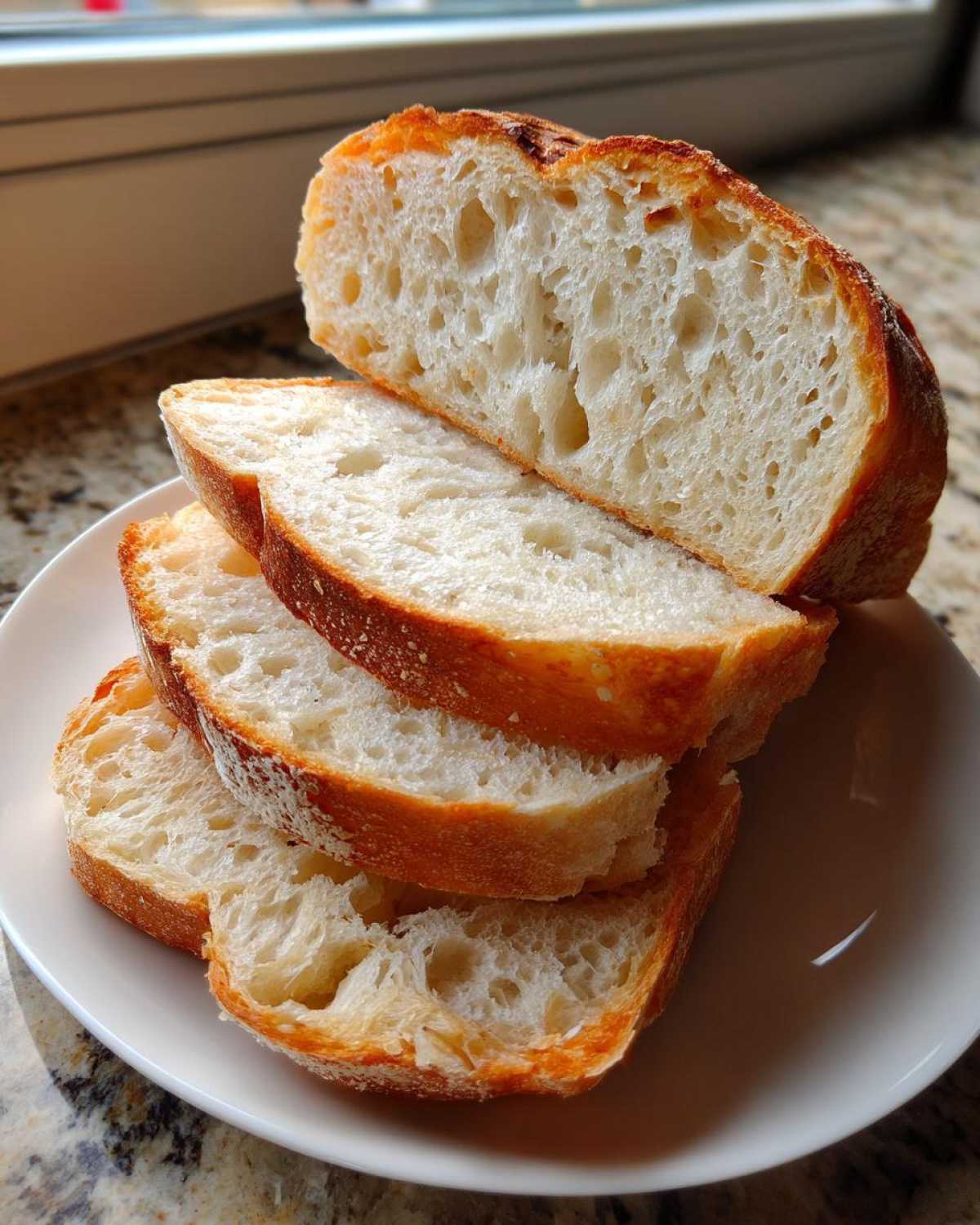Four thick slices of light, airy sourdough sandwich bread stacked on a white plate, showing the open crumb structure.