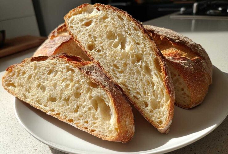 Slices of freshly baked sourdough sandwich bread showing an open, airy crumb structure on a white plate.