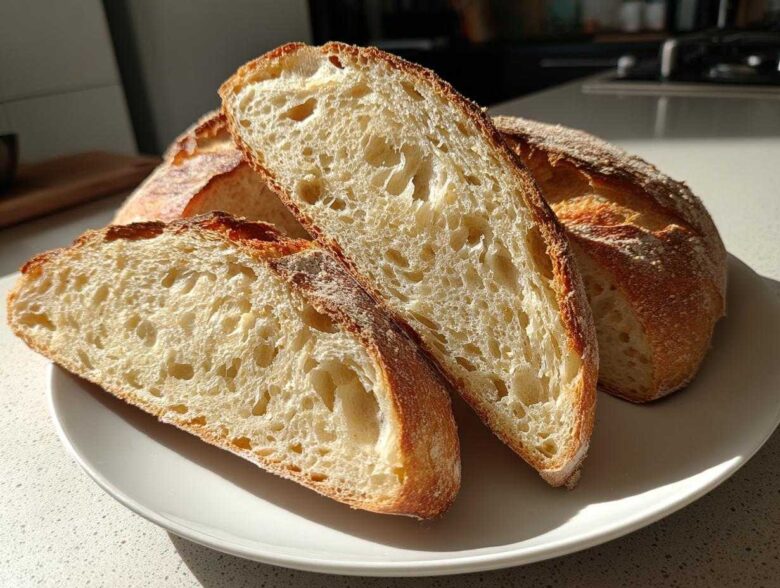 Slices of freshly baked sourdough sandwich bread showing an open, airy crumb structure on a white plate.
