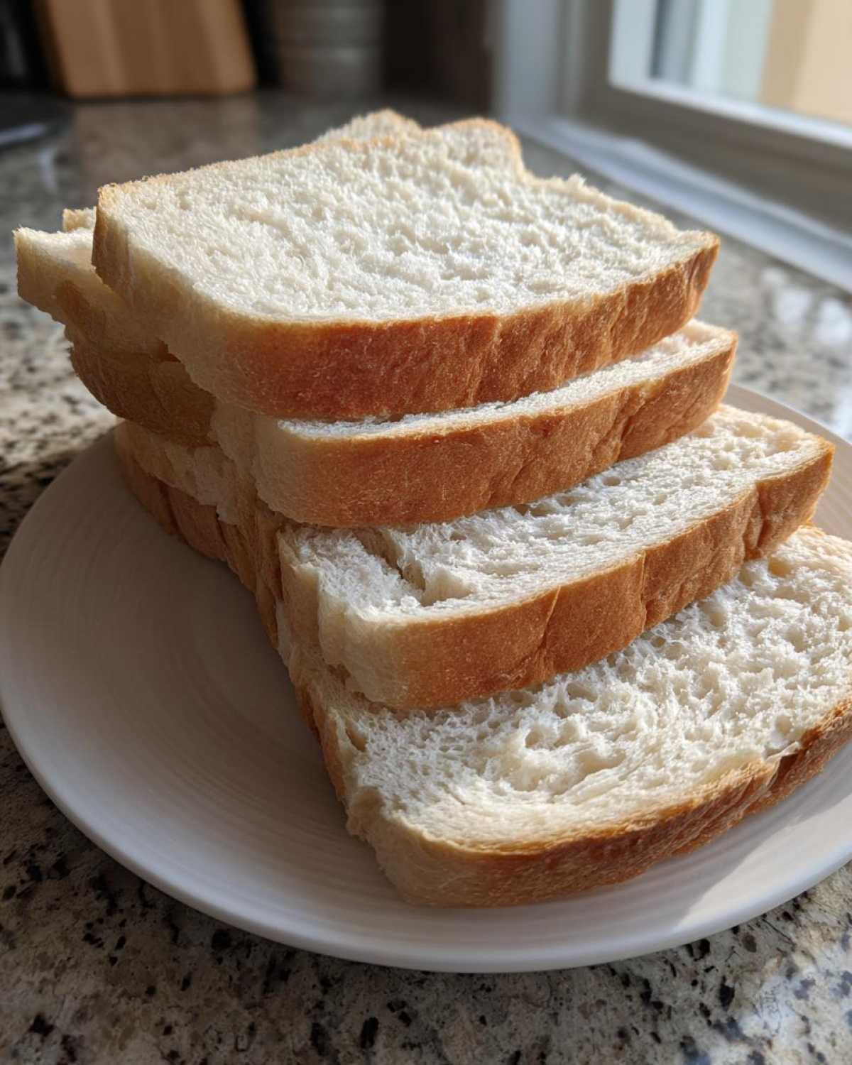 A stack of four soft, white slices of sourdough sandwich bread resting on a white plate.