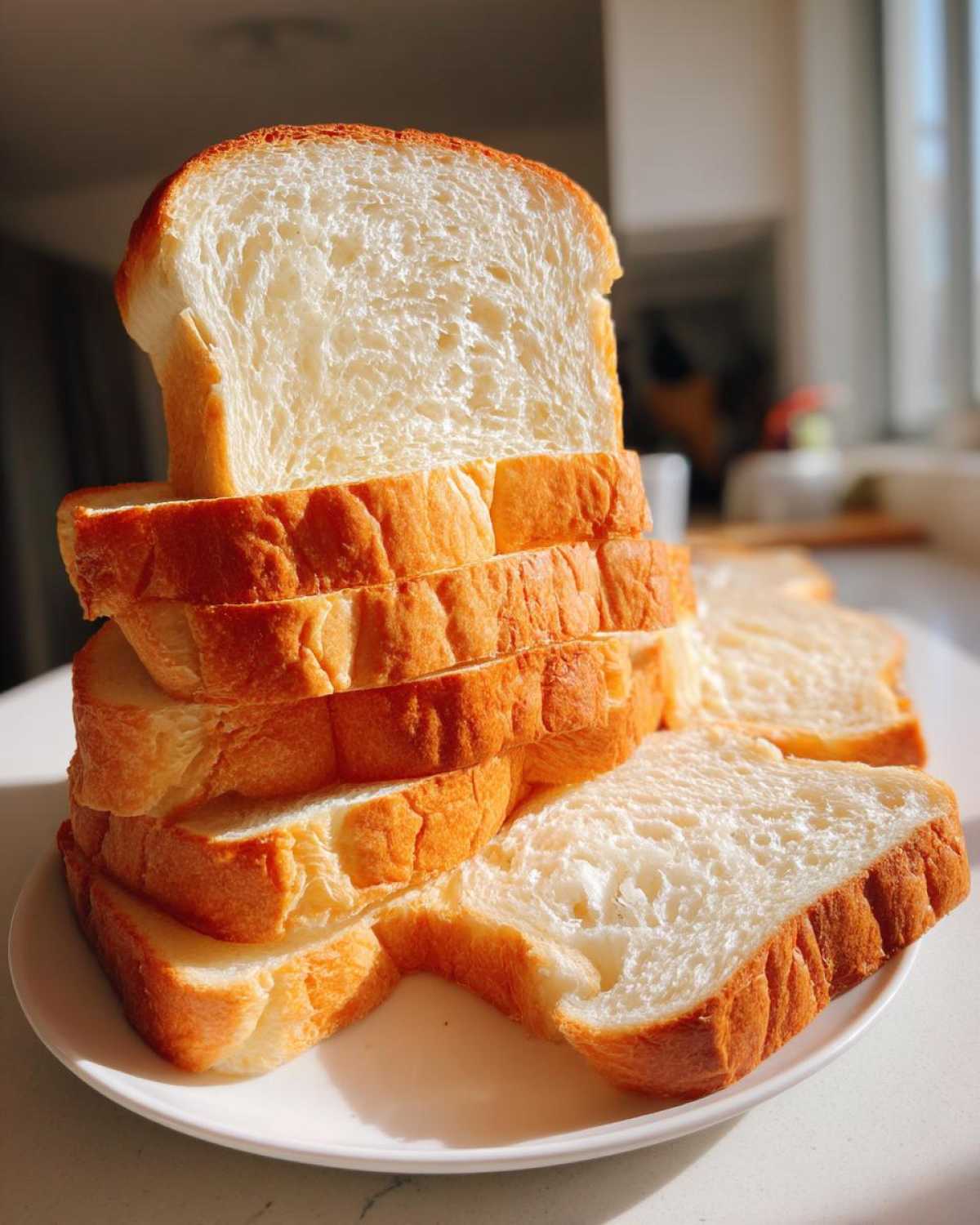 A stack of freshly sliced, soft sourdough sandwich bread with golden crusts, illuminated by sunlight.