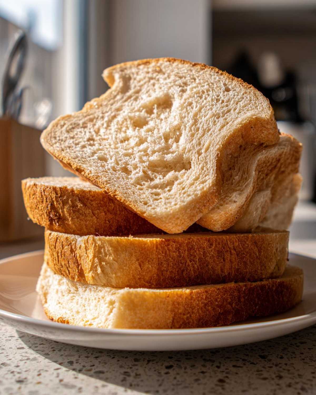 A stack of three thick slices of light, fluffy sourdough sandwich bread on a white plate.
