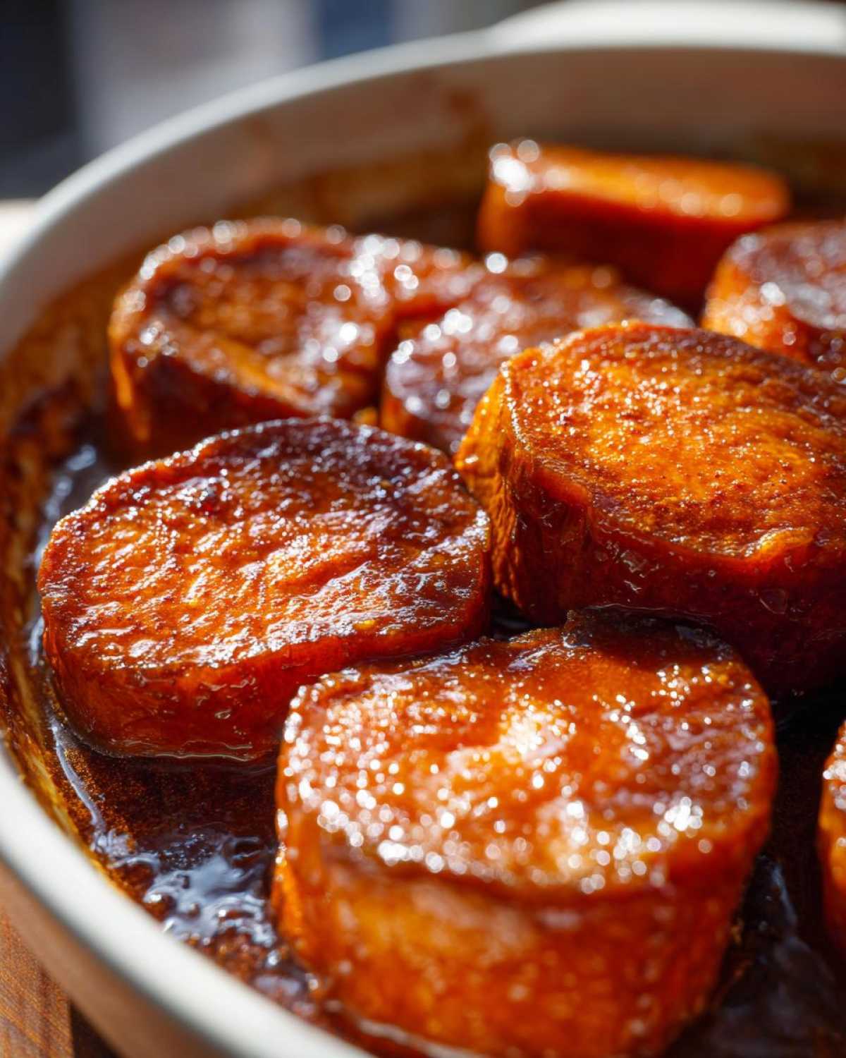 Close-up of thick-cut southern candied yams glistening with a rich, dark brown sugary glaze in a white baking dish.
