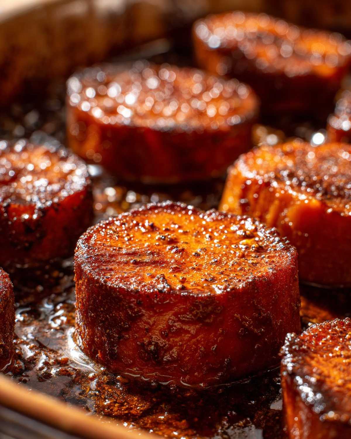Close-up of thick-cut southern candied yams bubbling in a rich, dark brown sugary glaze in a baking dish.