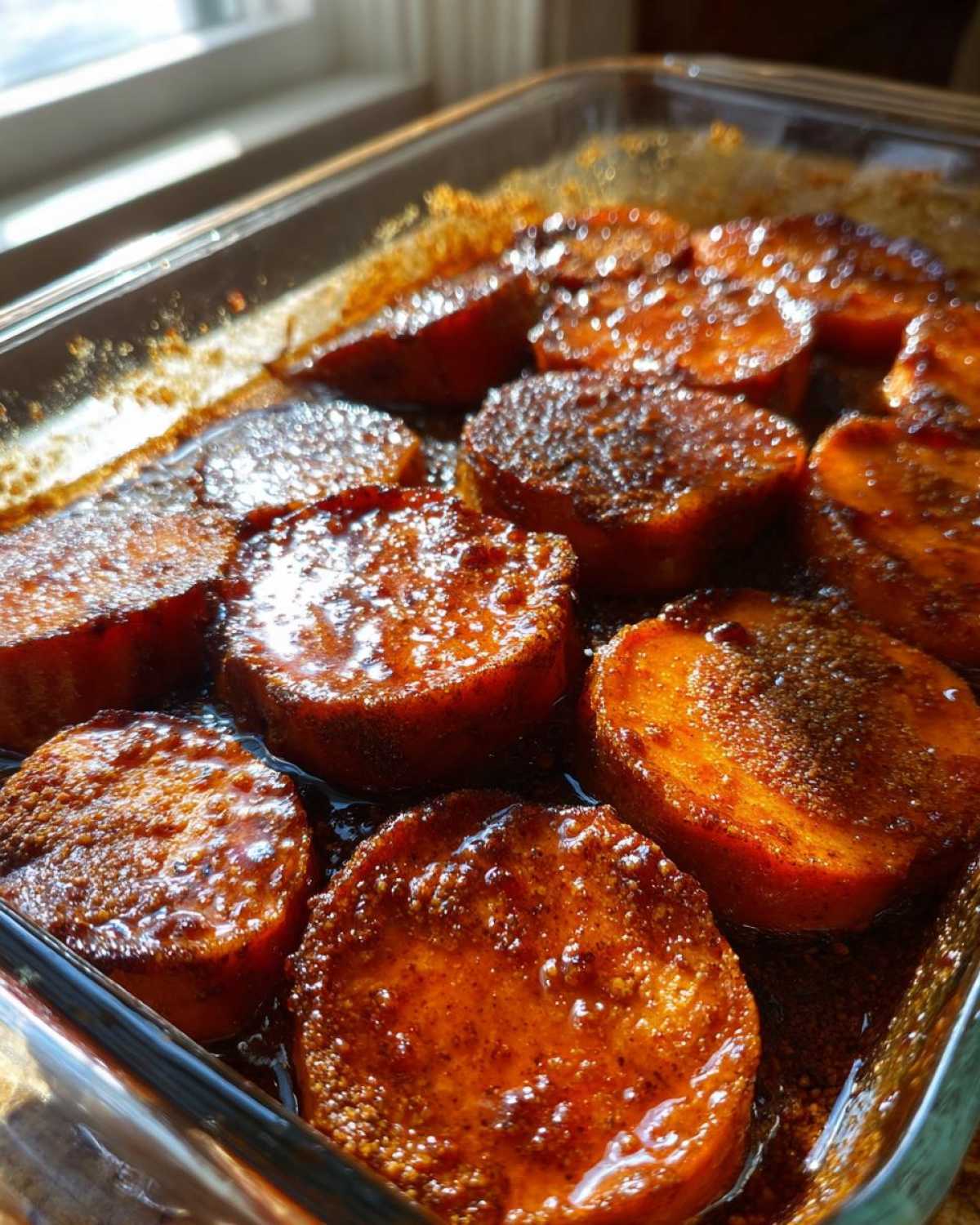 Close-up of thick-cut southern candied yams glistening with a rich, dark brown sugary glaze in a clear baking dish.