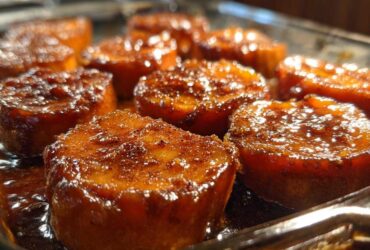 Close-up, low-angle shot of thick-cut, glazed southern candied yams bubbling in a baking dish.