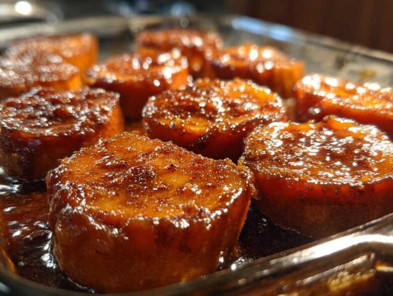 Close-up, low-angle shot of thick-cut, glazed southern candied yams bubbling in a baking dish.