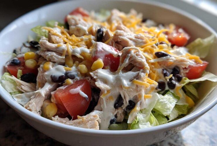 A close-up of a white bowl filled with a vibrant southwest salad featuring shredded chicken, black beans, corn, tomatoes, and creamy dressing.