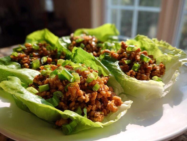 Close-up of three fresh chicken lettuce wraps filled with savory ground chicken and topped with bright green scallions.