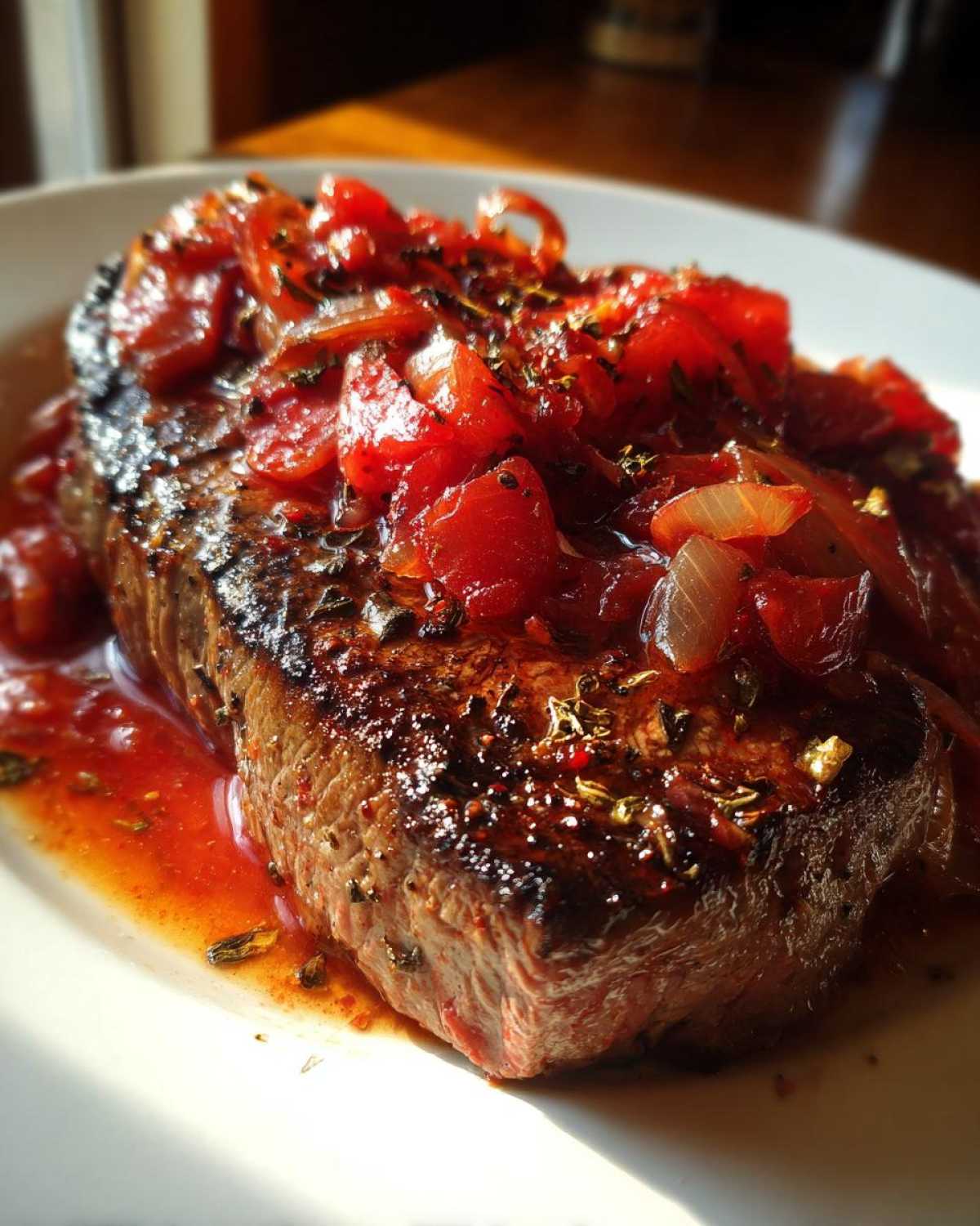 Close-up of a perfectly seared steak pizzaiola topped with chunky tomato and onion sauce.