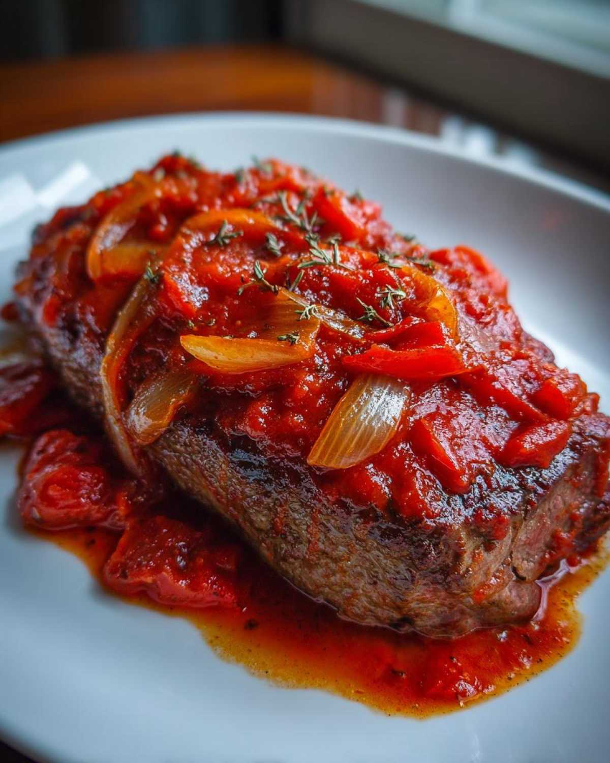 Close-up of a perfectly cooked steak pizzaiola topped with rich tomato sauce, sautéed onions, and fresh herbs.