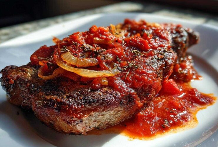 A perfectly seared steak pizzaiola topped with rich tomato sauce, sautéed onions, and herbs, served on a white plate.