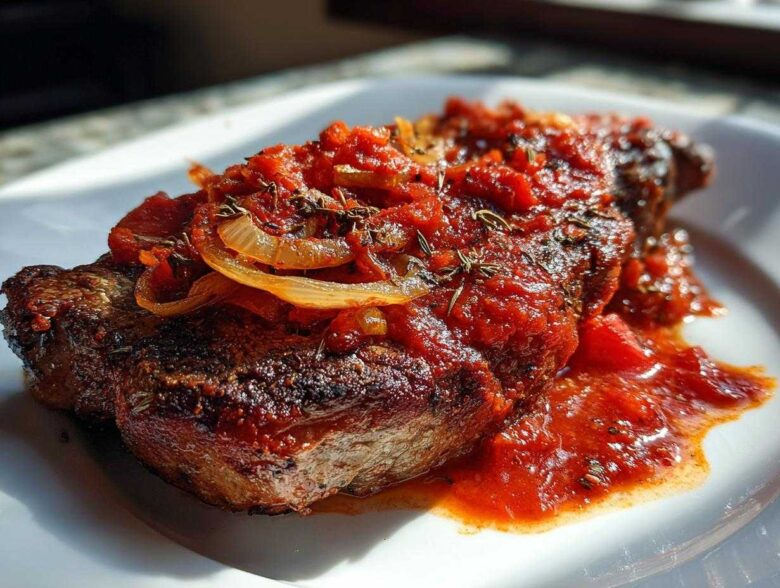 A perfectly seared steak pizzaiola topped with rich tomato sauce, sautéed onions, and herbs, served on a white plate.