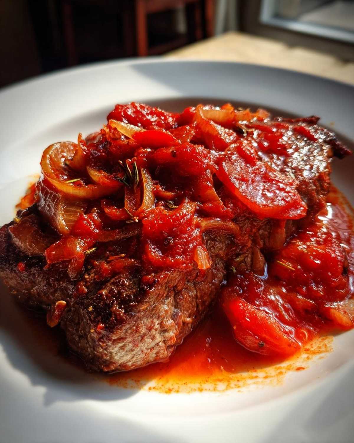 Close-up of a juicy steak pizzaiola topped with rich, red tomato and onion sauce, served on a white plate.