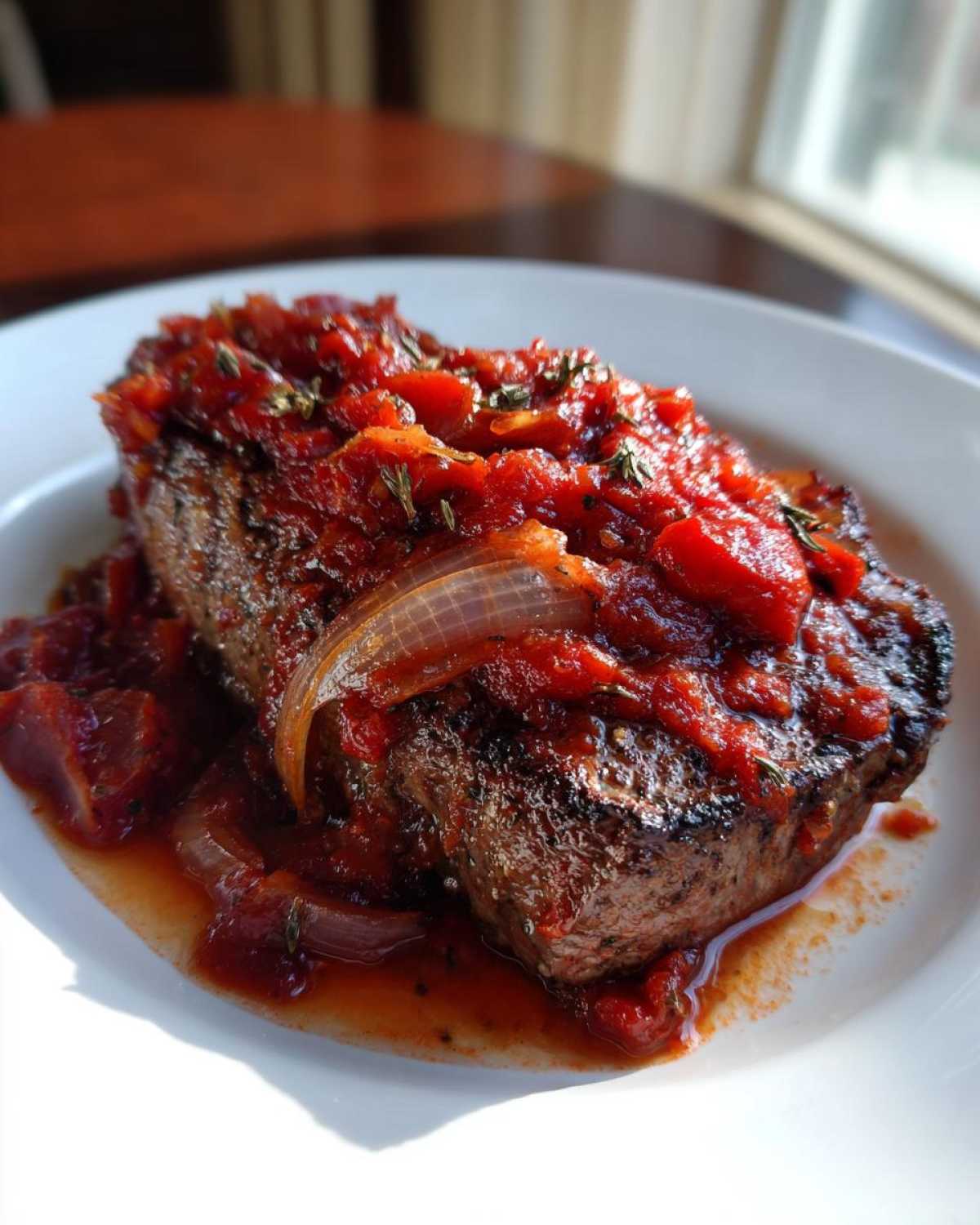 Close-up of a seared steak topped generously with rich tomato sauce, onions, and herbs, ready to serve as steak pizzaiola.