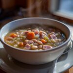 A close-up of a steaming white bowl filled with hearty bean soup containing white beans, chunks of ham, carrots, and celery.