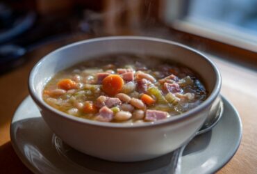 A close-up of a steaming white bowl filled with hearty bean soup containing white beans, chunks of ham, carrots, and celery.