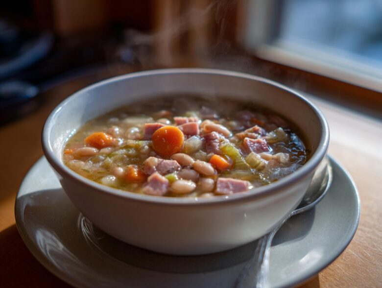 A close-up of a steaming white bowl filled with hearty bean soup containing white beans, chunks of ham, carrots, and celery.