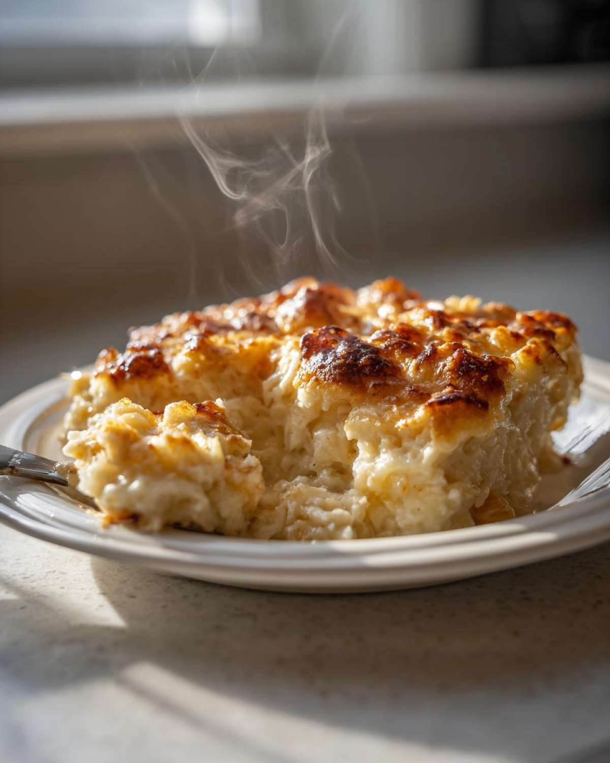 A serving of creamy, cheesy funeral potatoes recipe with a golden-brown, bubbly top, steaming gently.