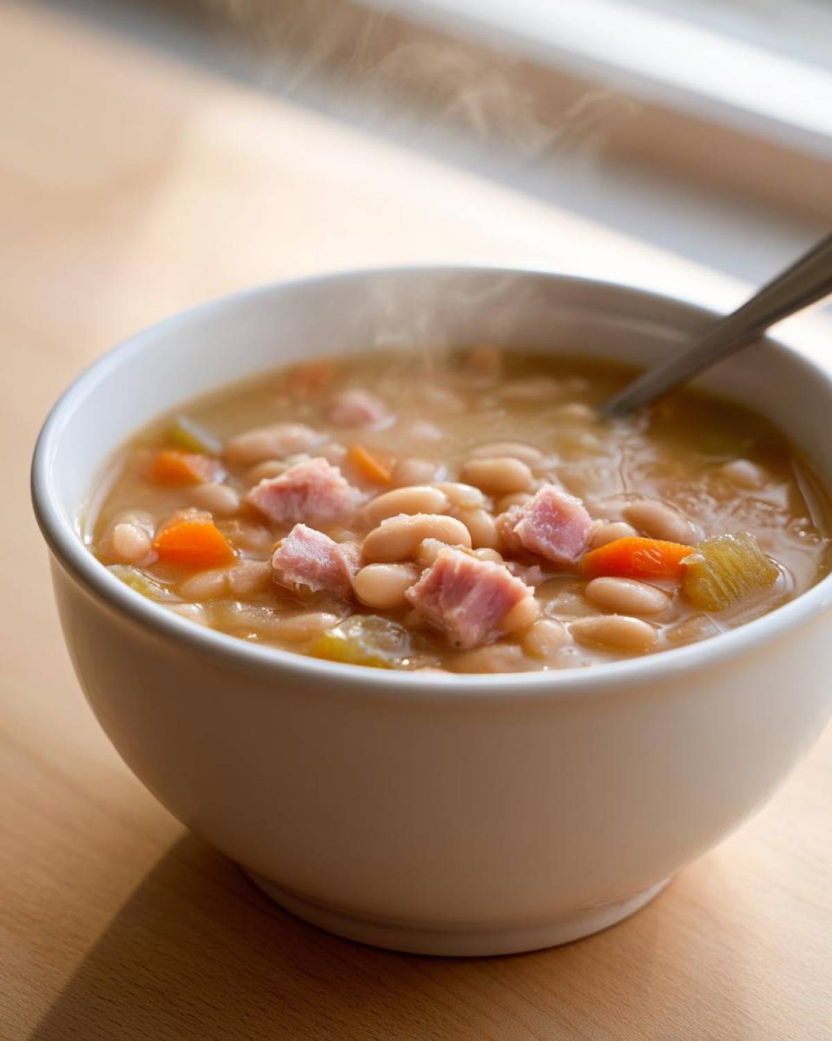 Close-up of a steaming white bowl filled with hearty bean soup containing white beans, diced ham, carrots, and celery.