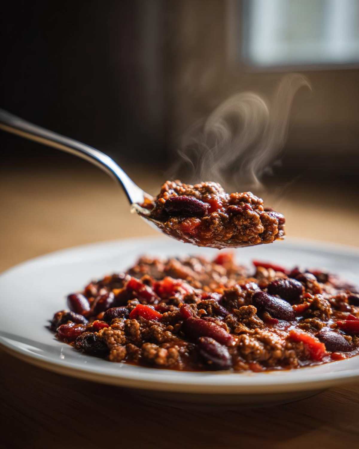 A spoonful of steaming, rich high protein chili, featuring ground meat and kidney beans, lifted above a white plate.