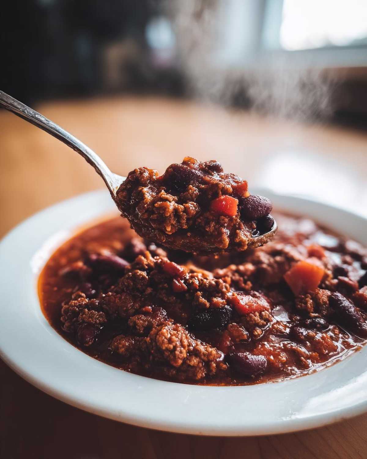 A spoonful of steaming, rich high protein chili being lifted from a white bowl.