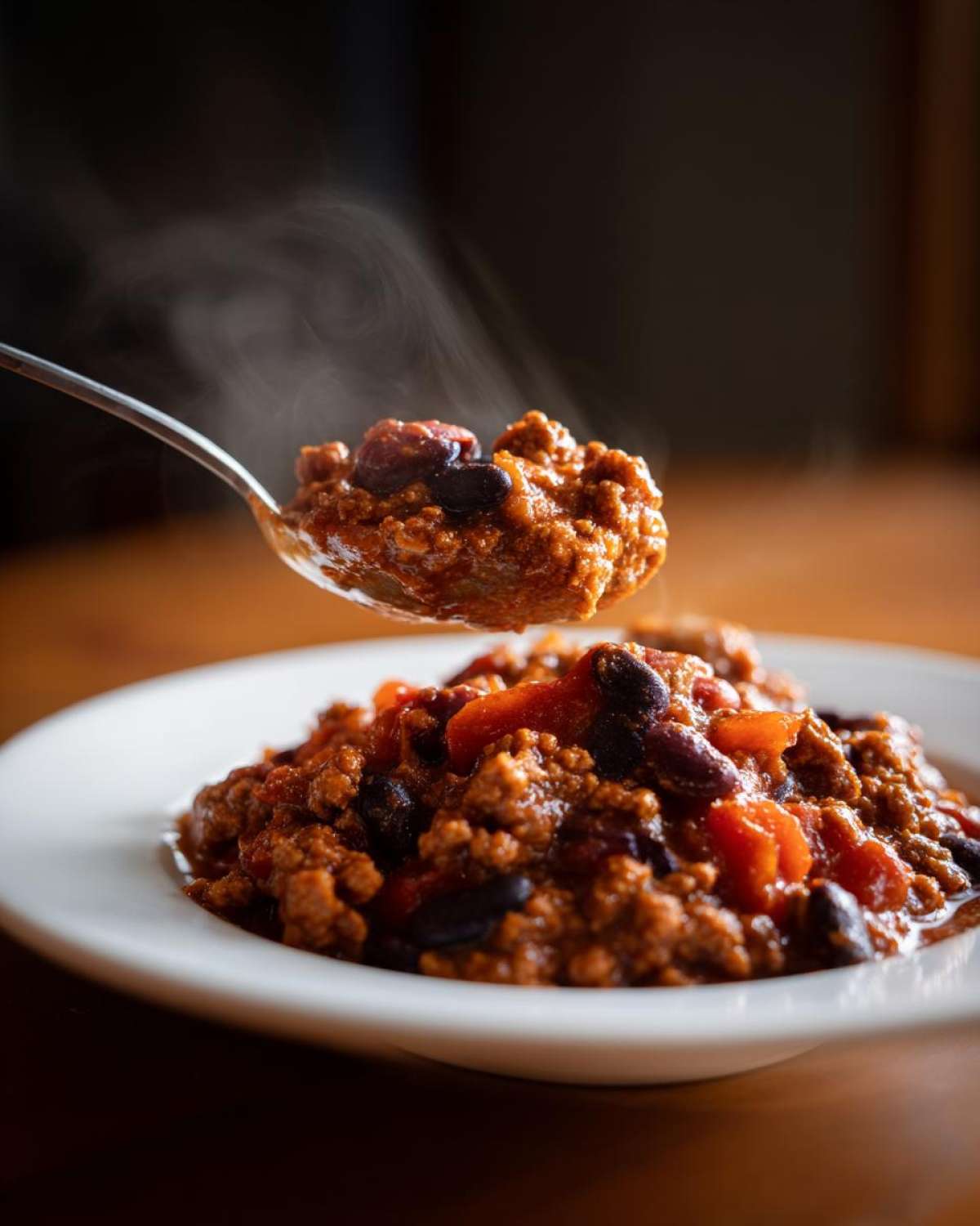A spoonful of hot, steaming high protein chili lifted from a white bowl filled with the hearty meat and bean mixture.
